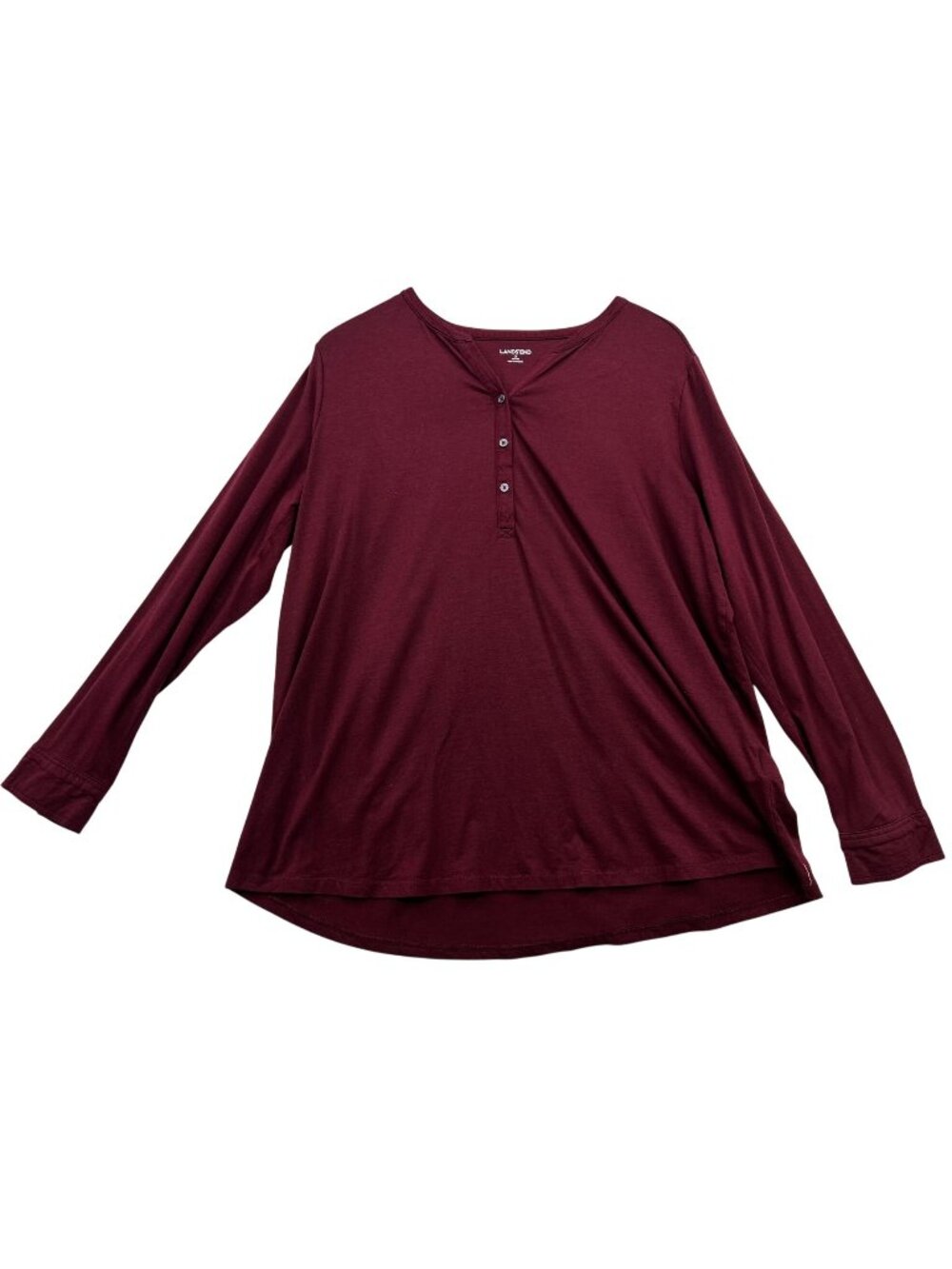 Lands End Womens Long Sleeve Henley Casual Top Sz 1X Burgundy V-Neck Lightweight
